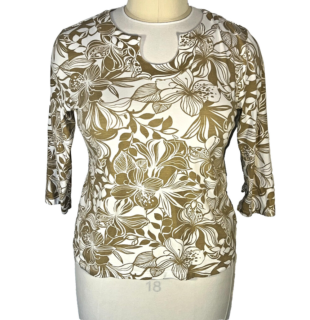Ruby Rd. - Blouse Women's XL Beige White Tropical Floral Horseshoe Neck 3/4 Slve